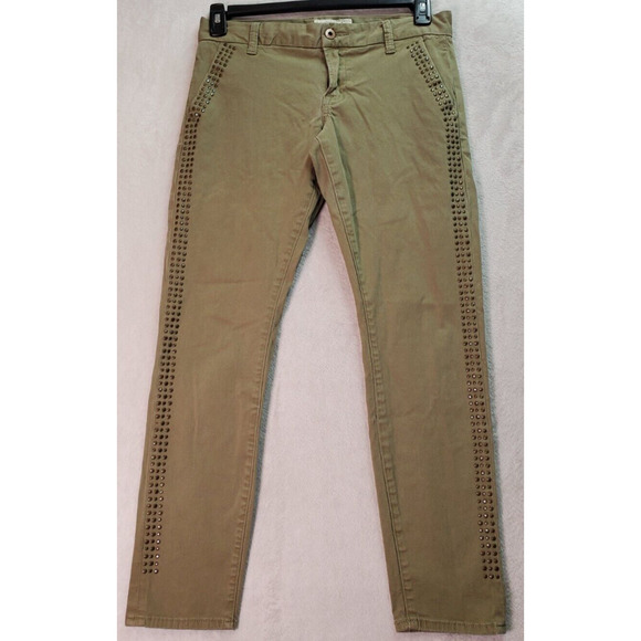 Lucky Brand Pants Womens Sz 2 Green Studded Flat Front Straight Leg Slash Pocket - Picture 1 of 8
